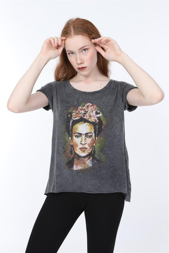 Anthracite Stone Washed Frida Kahlo Printed Cotton Women T-shirt Loose Cut Tee Top Timya Wholesale S-Ponder